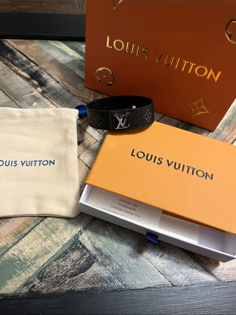Louis Vuitton Black Monogram Leather Bracelet with Silver LV Hardware